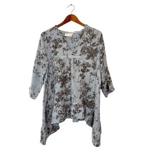 Paper Lace Tunic Top XL Waffle Knit Boho 100% Cotton Cottagecore Blue Flowy